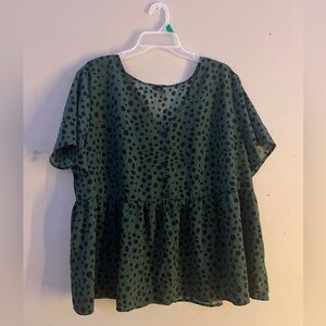 SHEIN Dark Green Black Polka Dot V-Neck Peplum Blouse